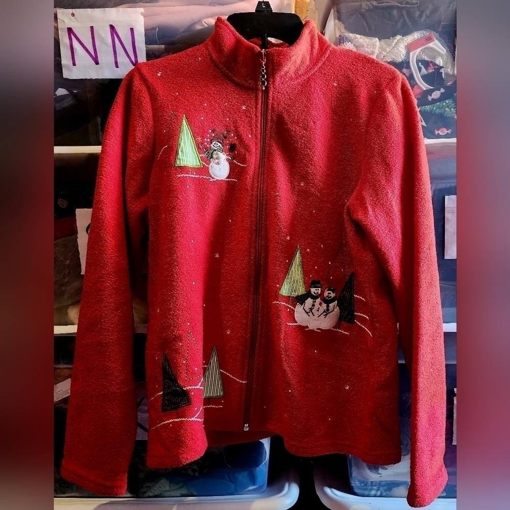 Christopher & Banks Red Snowman Christmas Zip-Up Sweater Women's Medium M EUC